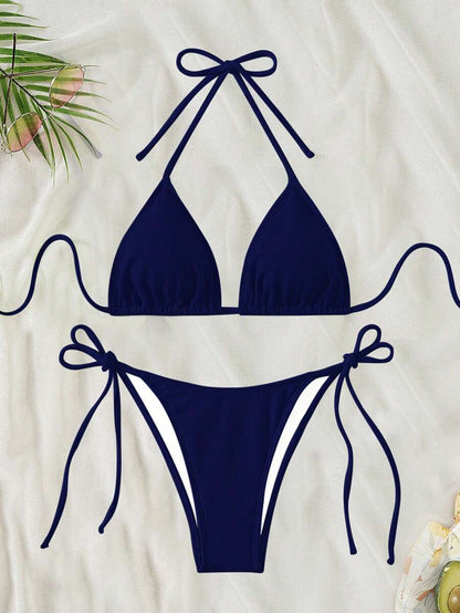 Swim Vcay 2026 Spring/Summer Green Special Fabric Women's Swimwear, Spaghetti Strap Halter Solid Color Sexy Side Tie Thong Bikini Two-Piece Swimwear Teal Bikini Tie Bikini Set Textured Bikini Triangle Bikini Triangle Bikini Set