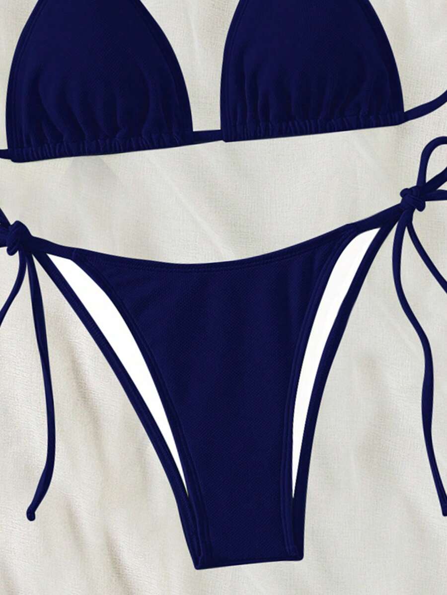 Swim Vcay 2026 Spring/Summer Green Special Fabric Women's Swimwear, Spaghetti Strap Halter Solid Color Sexy Side Tie Thong Bikini Two-Piece Swimwear Teal Bikini Tie Bikini Set Textured Bikini Triangle Bikini Triangle Bikini Set