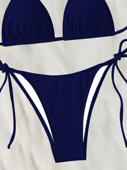 Swim Vcay 2026 Spring/Summer Green Special Fabric Women's Swimwear, Spaghetti Strap Halter Solid Color Sexy Side Tie Thong Bikini Two-Piece Swimwear Teal Bikini Tie Bikini Set Textured Bikini Triangle Bikini Triangle Bikini Set