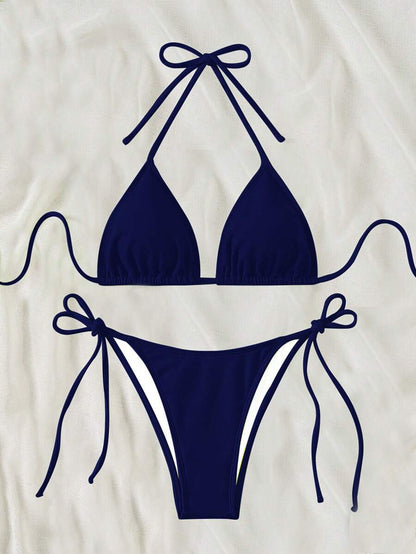 Swim Vcay 2026 Spring/Summer Green Special Fabric Women's Swimwear, Spaghetti Strap Halter Solid Color Sexy Side Tie Thong Bikini Two-Piece Swimwear Teal Bikini Tie Bikini Set Textured Bikini Triangle Bikini Triangle Bikini Set