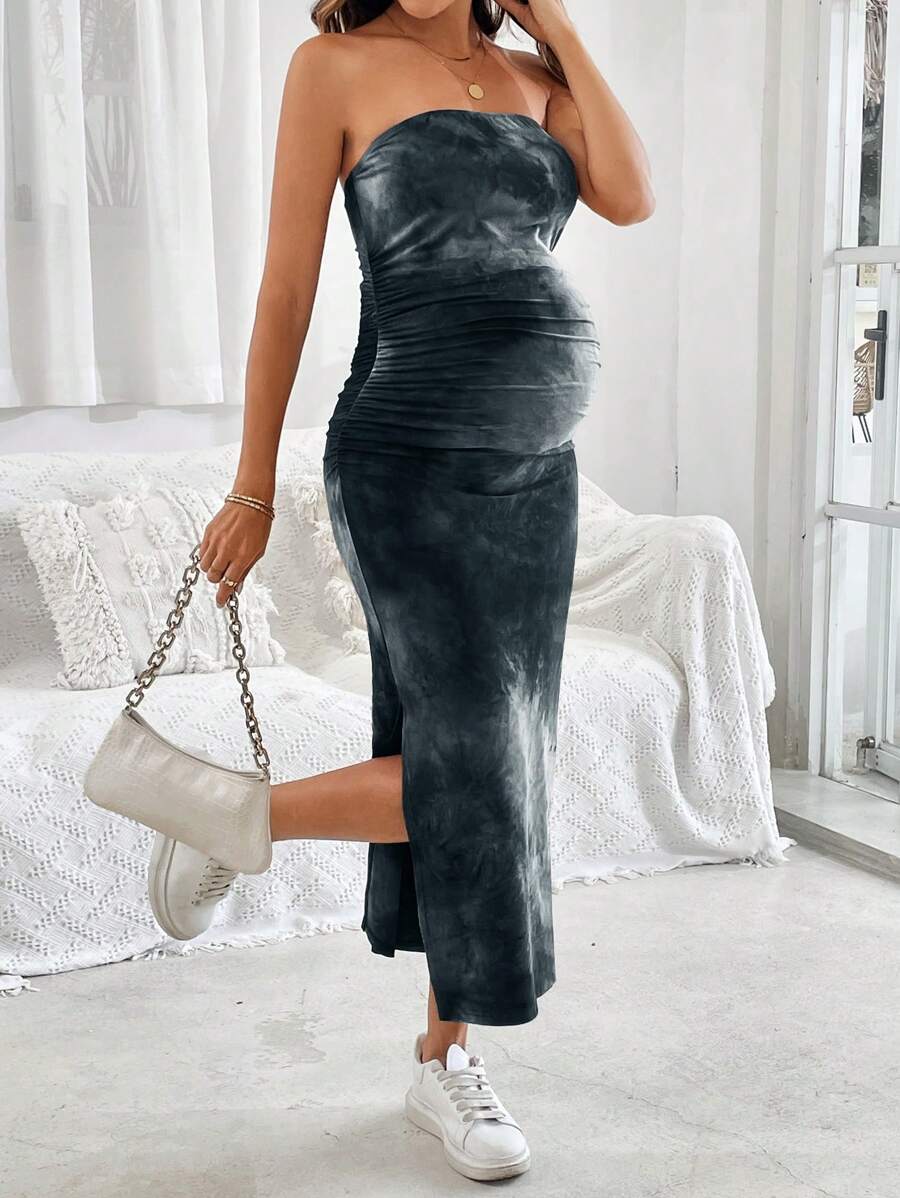 Maternity Tie-Dye Print Ruched Side Split Hem Fashion Dress Strapless Grey Bodycon Midi Pencil Dress