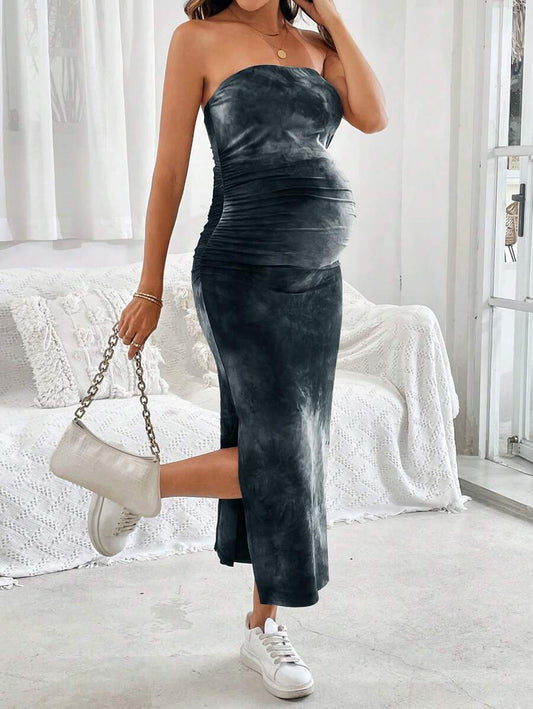 Maternity Tie-Dye Print Ruched Side Split Hem Fashion Dress Strapless Grey Bodycon Midi Pencil Dress