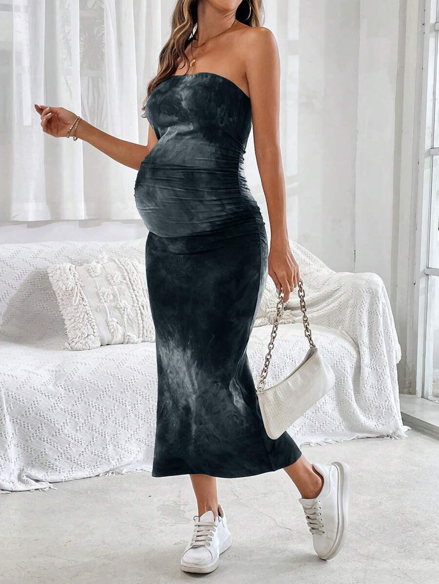 Maternity Tie-Dye Print Ruched Side Split Hem Fashion Dress Strapless Grey Bodycon Midi Pencil Dress