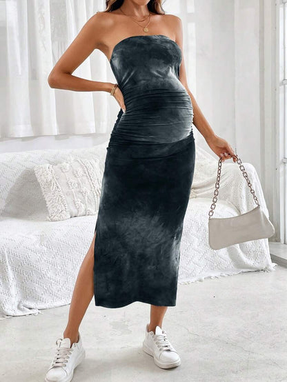 Maternity Tie-Dye Print Ruched Side Split Hem Fashion Dress Strapless Grey Bodycon Midi Pencil Dress