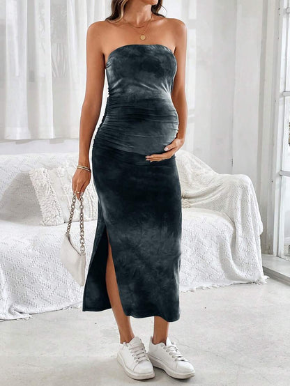 Maternity Tie-Dye Print Ruched Side Split Hem Fashion Dress Strapless Grey Bodycon Midi Pencil Dress