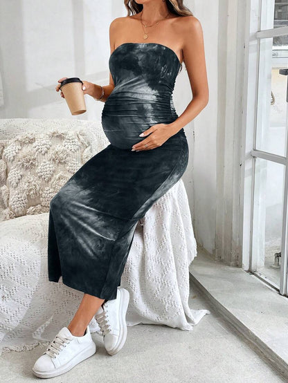 Maternity Tie-Dye Print Ruched Side Split Hem Fashion Dress Strapless Grey Bodycon Midi Pencil Dress