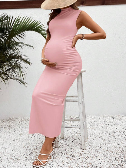 Maternity Casual Slim Fit Stand Collar Long Dress Sleeveless Ruched High Stretch Knitted Pencil Tank Dress for Daily Wear