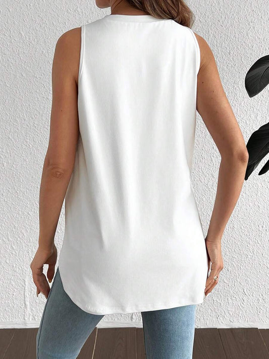 White Asymmetrical Maternity Tank Top - Casual Round Neck High Stretch Loose Fit Knitted Sleeveless Shirt for Travel & Daily Wear