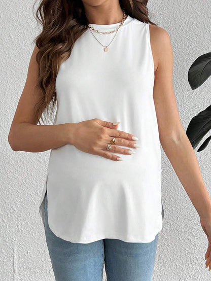 Maternity Round Neck High Stretch Tank Top - White Casual Loose Fit Asymmetrical Hem Travel Top