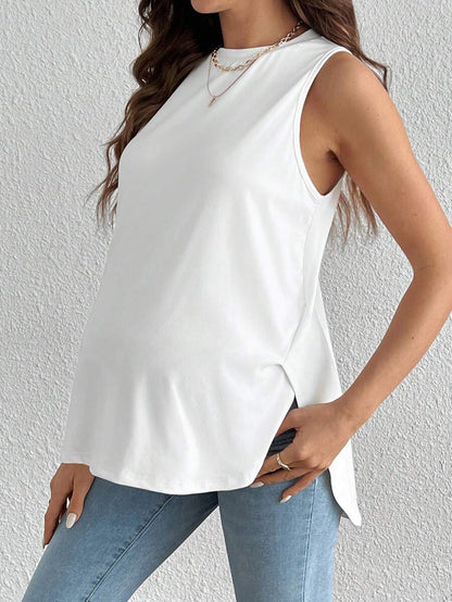 White Asymmetrical Maternity Tank Top - Casual Round Neck High Stretch Loose Fit Knitted Sleeveless Shirt for Travel & Daily Wear