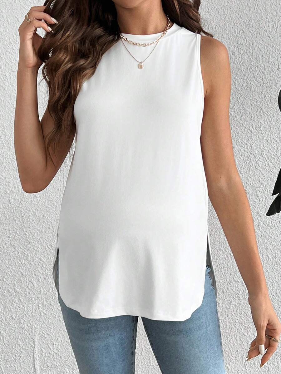 Maternity Round Neck High Stretch Tank Top - White Casual Loose Fit Asymmetrical Hem Travel Top