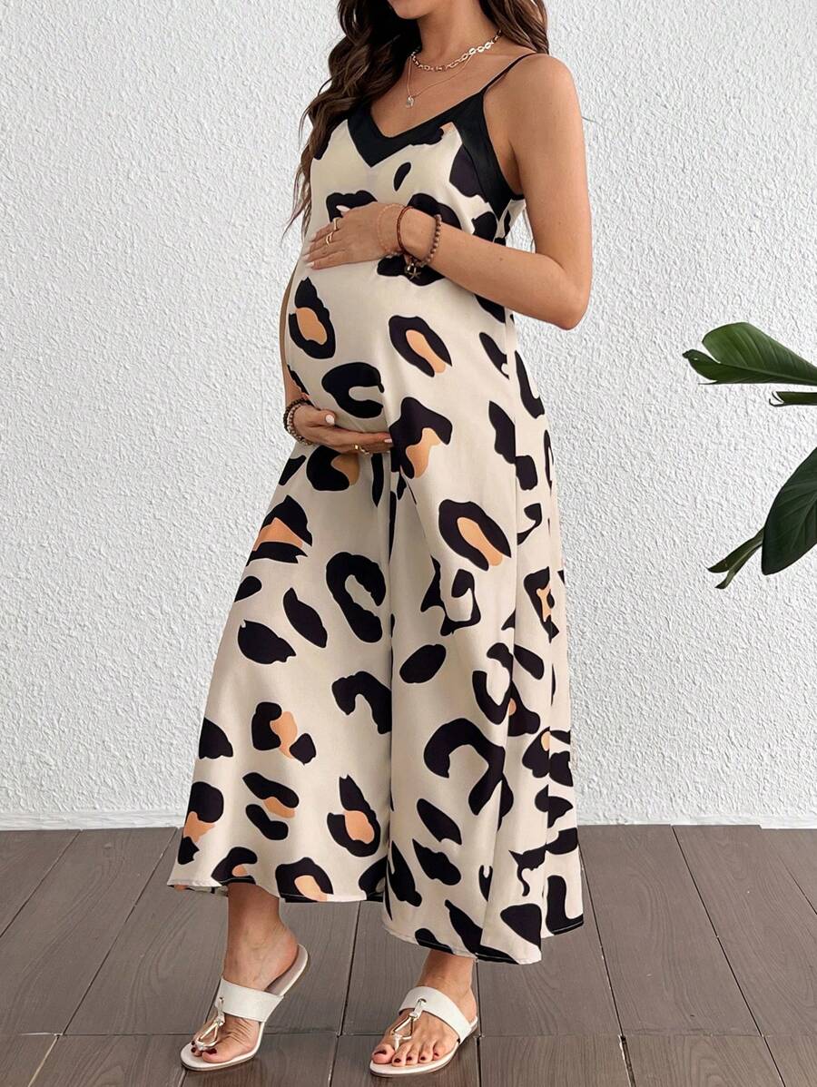 Maternity Leopard Print V-Neck Camisole Dress - Sleeveless Flared Midi Dress