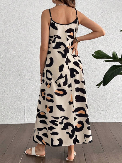 Maternity Casual Leopard Print V-Neck Sleeveless Midi Dress High Waist Backless Spaghetti Strap Cami Dress for Daily Wear