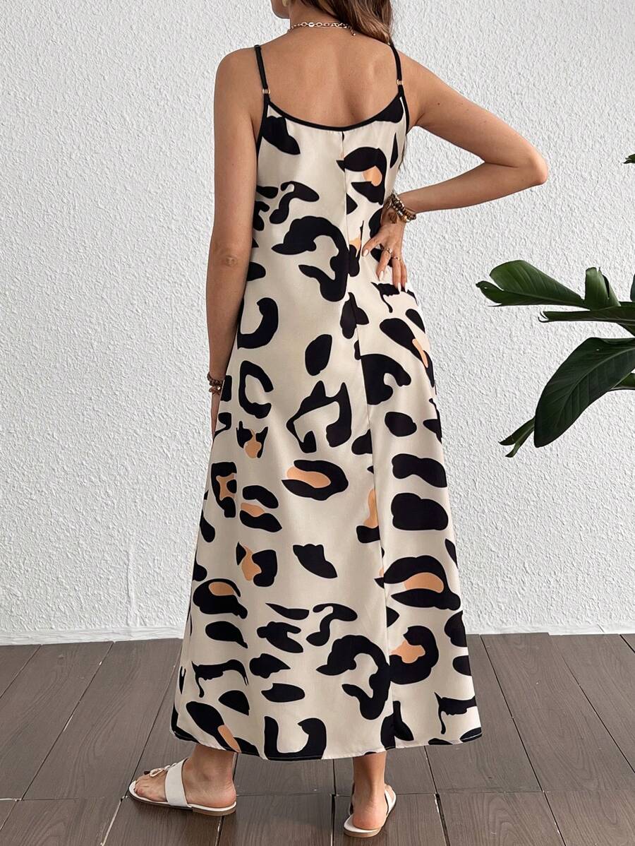 Maternity Leopard Print V-Neck Camisole Dress - Sleeveless Flared Midi Dress