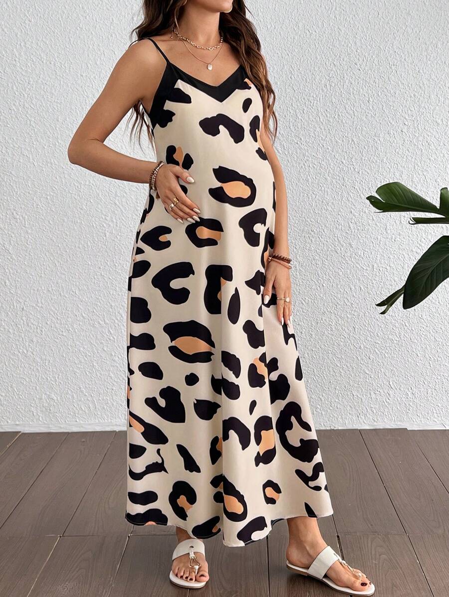Maternity Casual Leopard Print V-Neck Sleeveless Midi Dress High Waist Backless Spaghetti Strap Cami Dress for Daily Wear