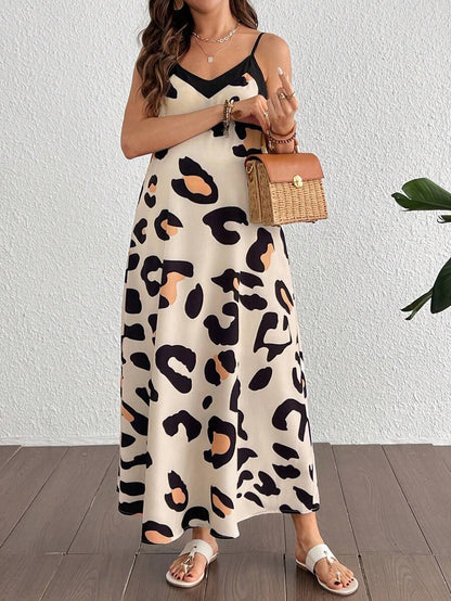 Maternity Casual Leopard Print V-Neck Sleeveless Midi Dress High Waist Backless Spaghetti Strap Cami Dress for Daily Wear