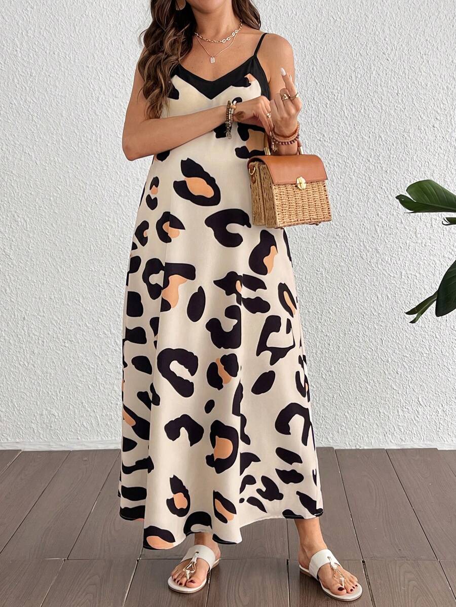 Maternity Leopard Print V-Neck Camisole Dress - Sleeveless Flared Midi Dress