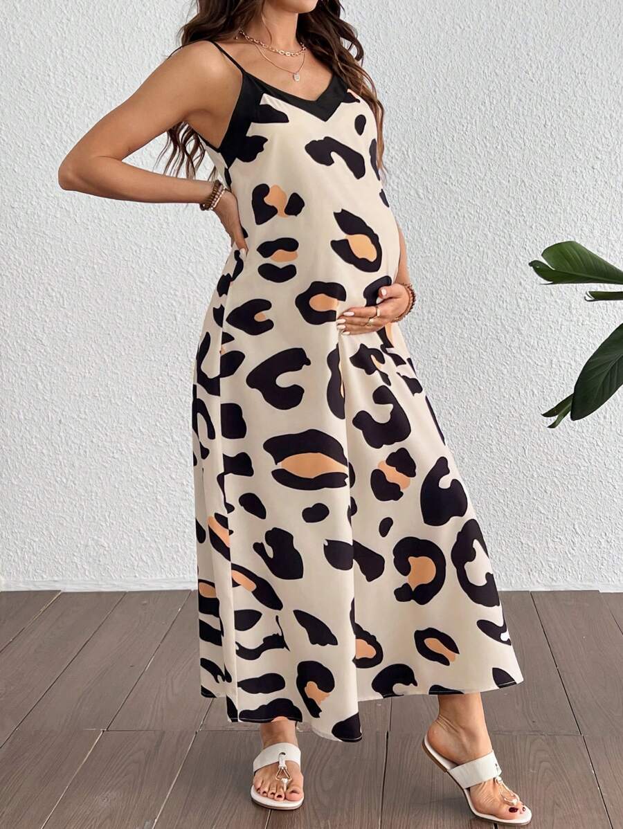 Maternity Leopard Print V-Neck Camisole Dress - Sleeveless Flared Midi Dress