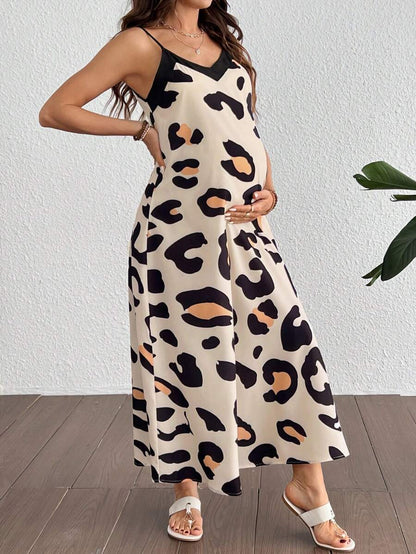 Maternity Leopard Print V-Neck Camisole Dress - Sleeveless Flared Midi Dress