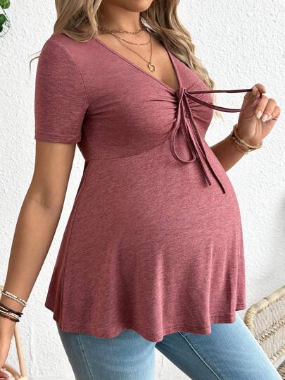 Maternity T-Shirt - Solid Color Front Tie Casual Short Sleeve Soft Stretch, Everyday Pregnancy