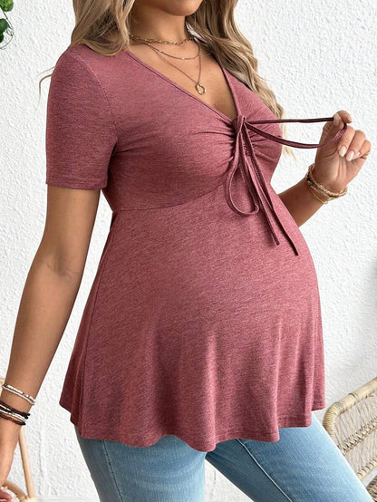 Maternity V-Neck Long Sleeve T-Shirt - Slim Fit Ruched Ruffle Hem Knitted Casual Top for Beach and Daily Wear