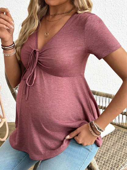 Maternity V-Neck Long Sleeve T-Shirt - Slim Fit Ruched Ruffle Hem Knitted Casual Top for Beach and Daily Wear