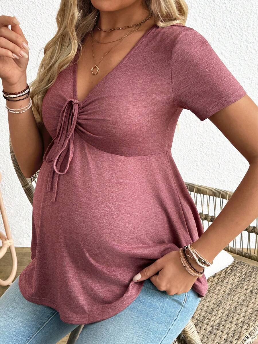 Maternity T-Shirt - Solid Color Front Tie Casual Short Sleeve Soft Stretch, Everyday Pregnancy