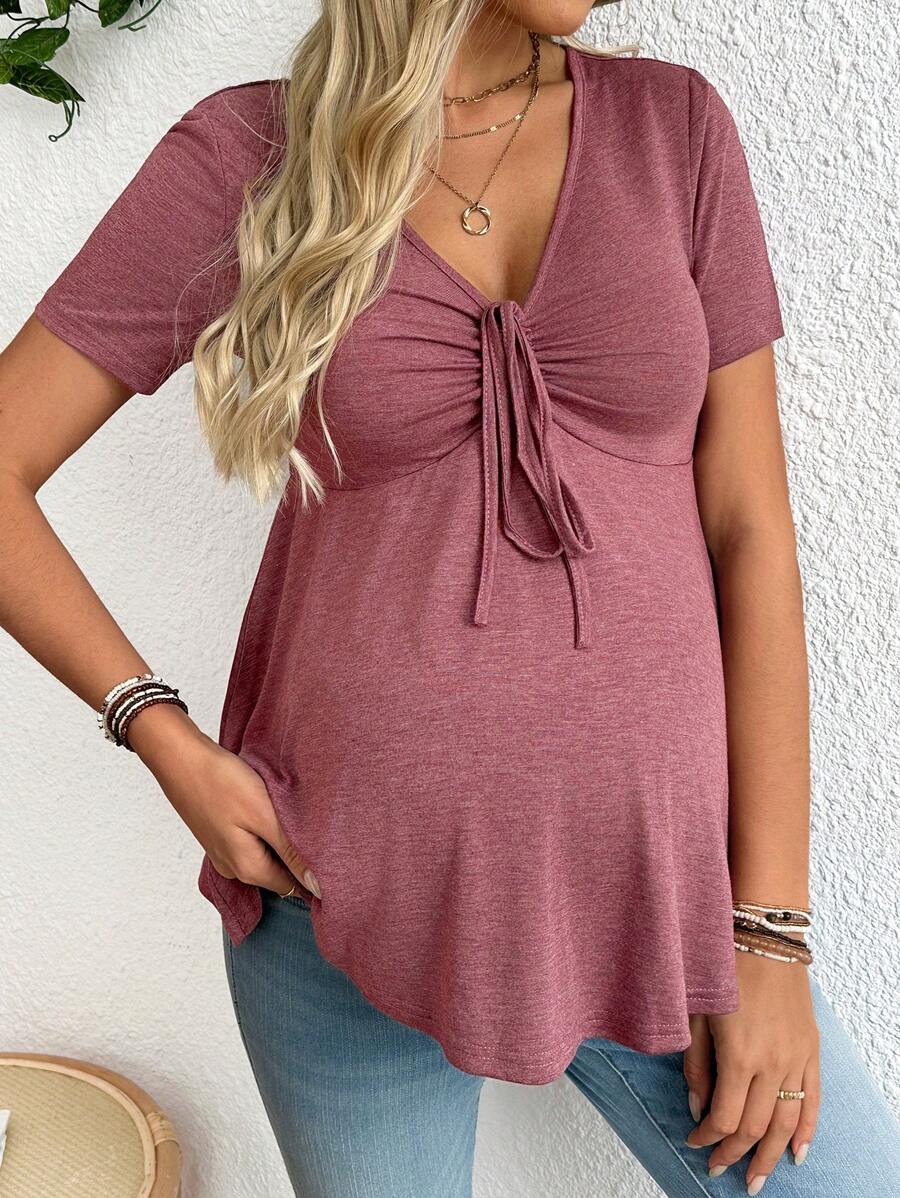Maternity T-Shirt - Solid Color Front Tie Casual Short Sleeve Soft Stretch, Everyday Pregnancy