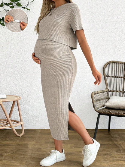 Maternity 2 Piece Set - Solid Color Short Sleeve Top and Skirt Summer Casual, Pregnancy Loungewear
