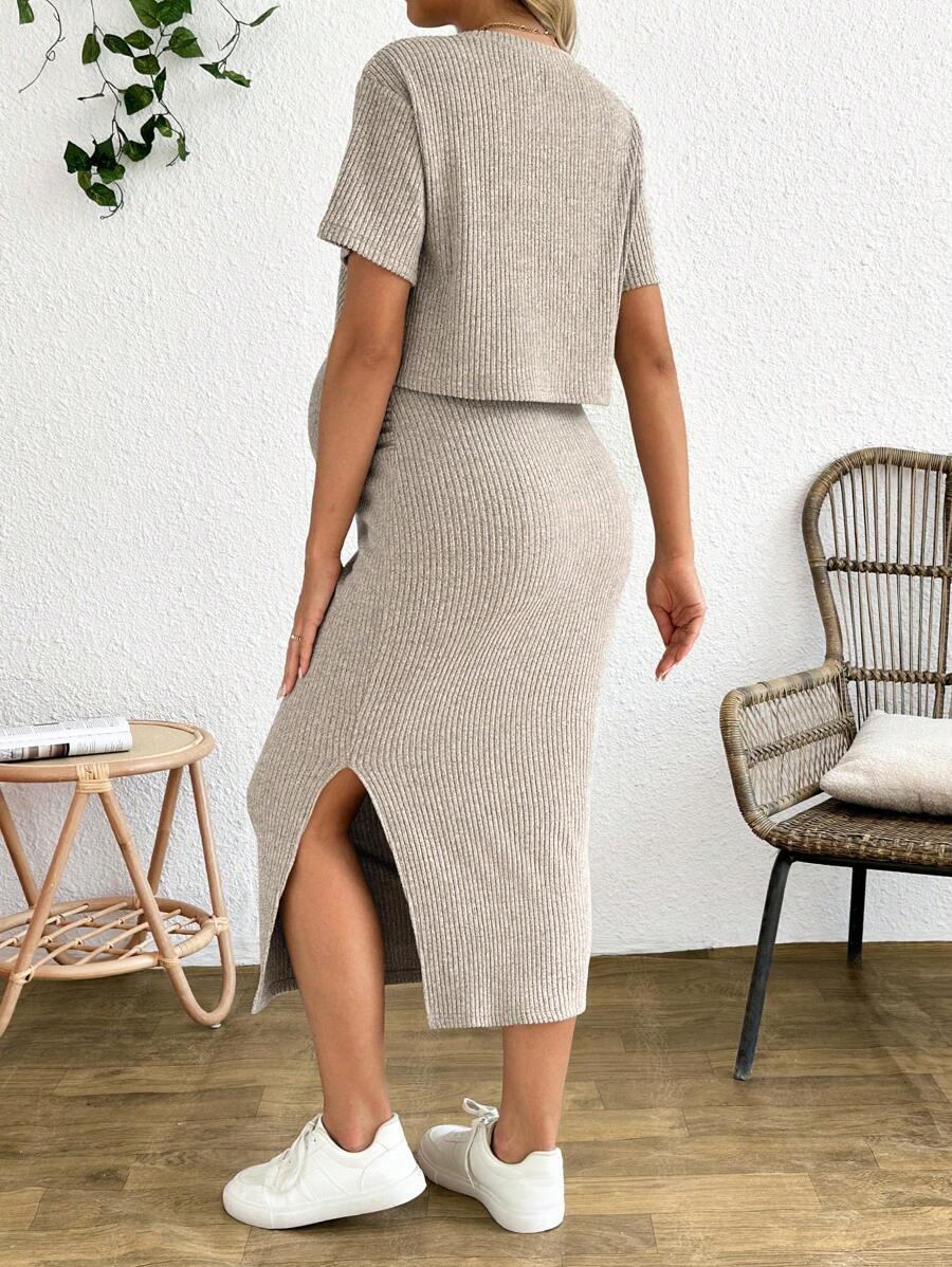 Maternity 2 Piece Set - Solid Color Short Sleeve Top and Skirt Summer Casual, Pregnancy Loungewear