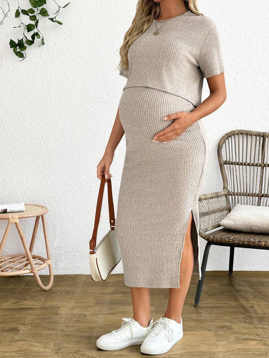 Maternity 2 Piece Set - Solid Color Short Sleeve Top and Skirt Summer Casual, Pregnancy Loungewear