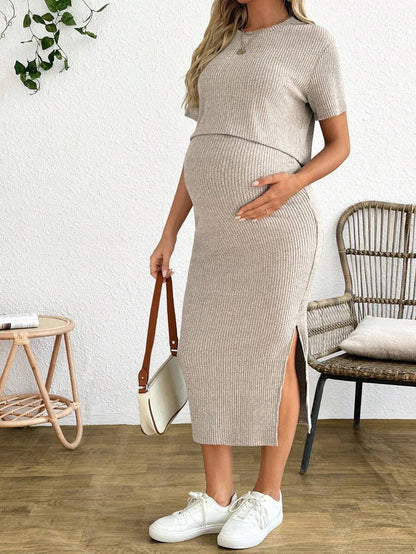 Maternity 2-Piece Set - Round Neck Crop Tee & Split Long Skirt, Apricot