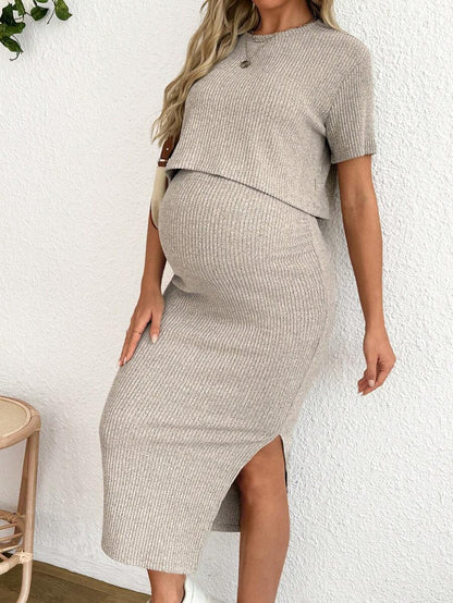 Maternity 2-Piece Set - Round Neck Crop Tee & Split Long Skirt, Apricot