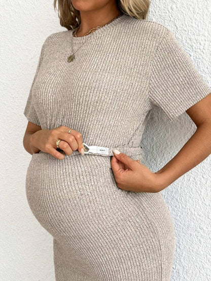 Maternity 2-Piece Set - Round Neck Crop Tee & Split Long Skirt, Apricot