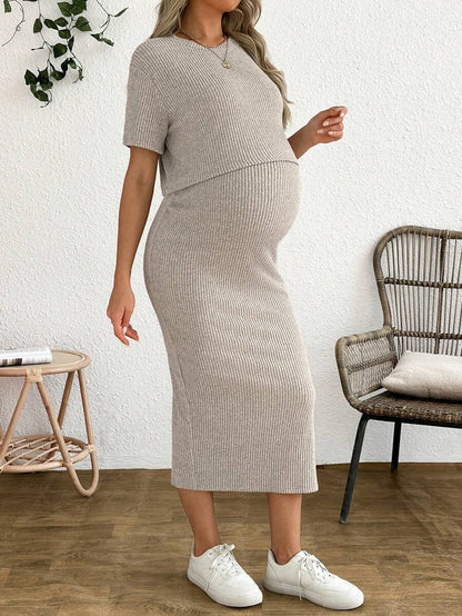 Maternity 2 Piece Set - Solid Color Short Sleeve Top and Skirt Summer Casual, Pregnancy Loungewear