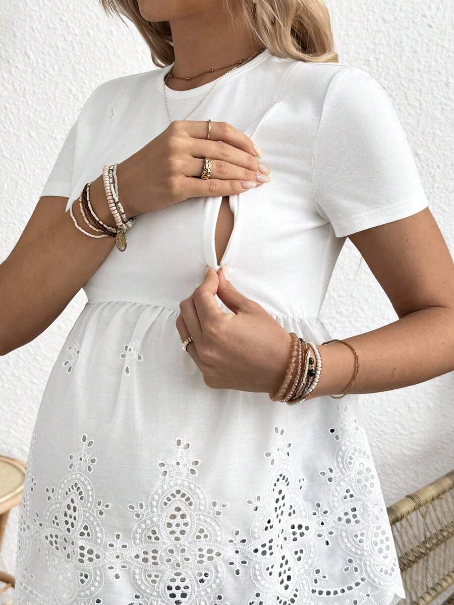 Solid Color Crew Neck Short Sleeve Casual Maternity Nursing Top