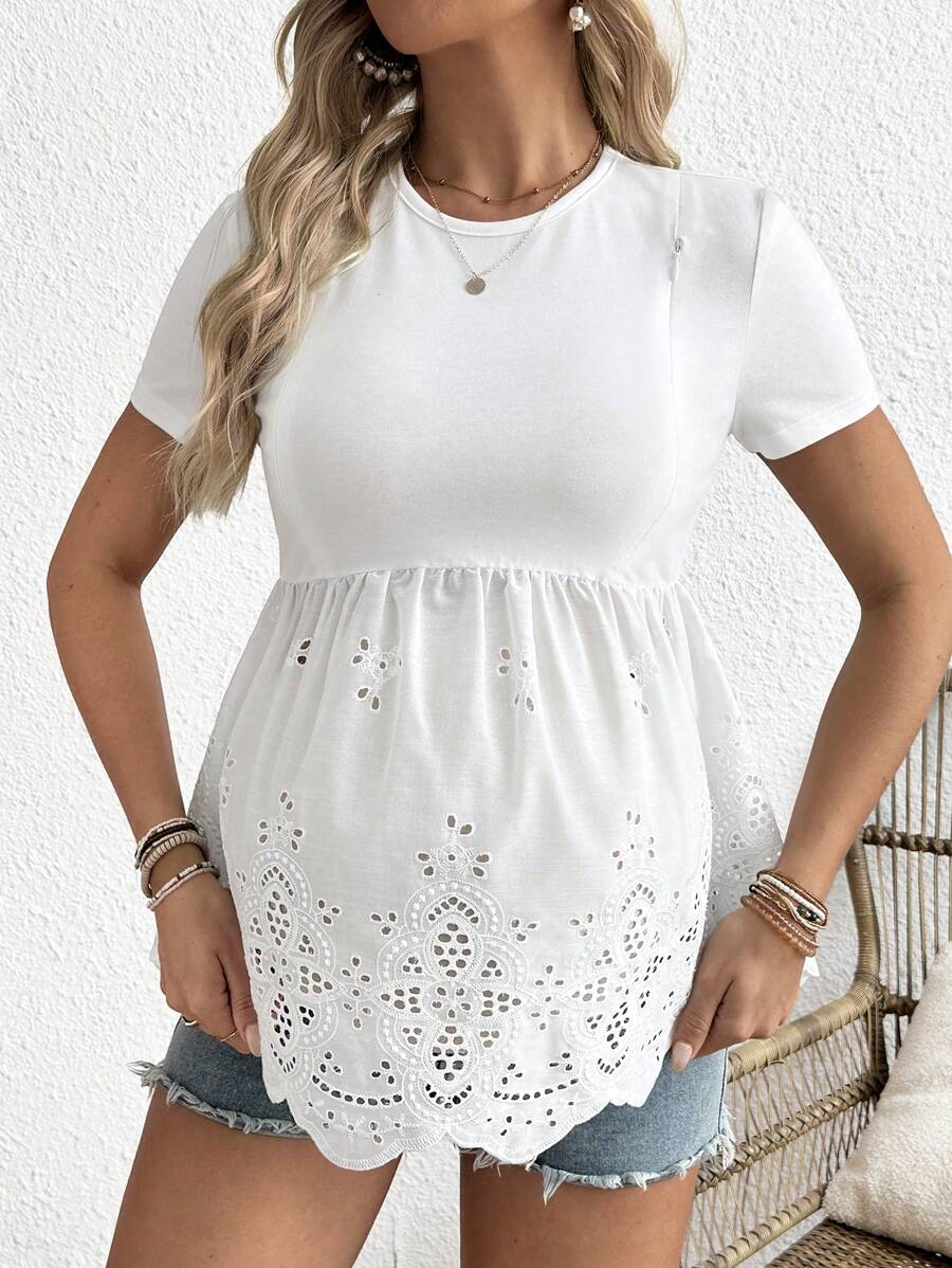Solid Color Crew Neck Short Sleeve Casual Maternity Nursing Top