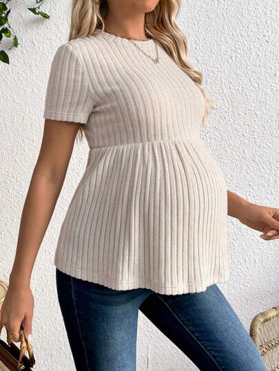 Maternity Apricot Short Sleeve Ruffle Hem Long Tunic Top - Slim Fit Ribbed Knit Casual Round Neck Flared Maternity Shirt