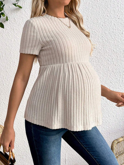 Maternity Apricot Short Sleeve Ruffle Hem Long Tunic Top - Slim Fit Ribbed Knit Casual Round Neck Flared Maternity Shirt