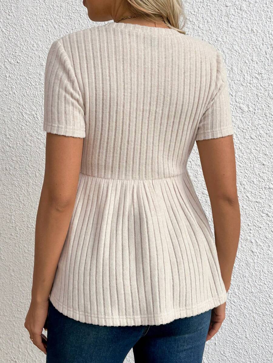 Maternity Apricot Short Sleeve Ruffle Hem Long Tunic Top - Slim Fit Ribbed Knit Casual Round Neck Flared Maternity Shirt