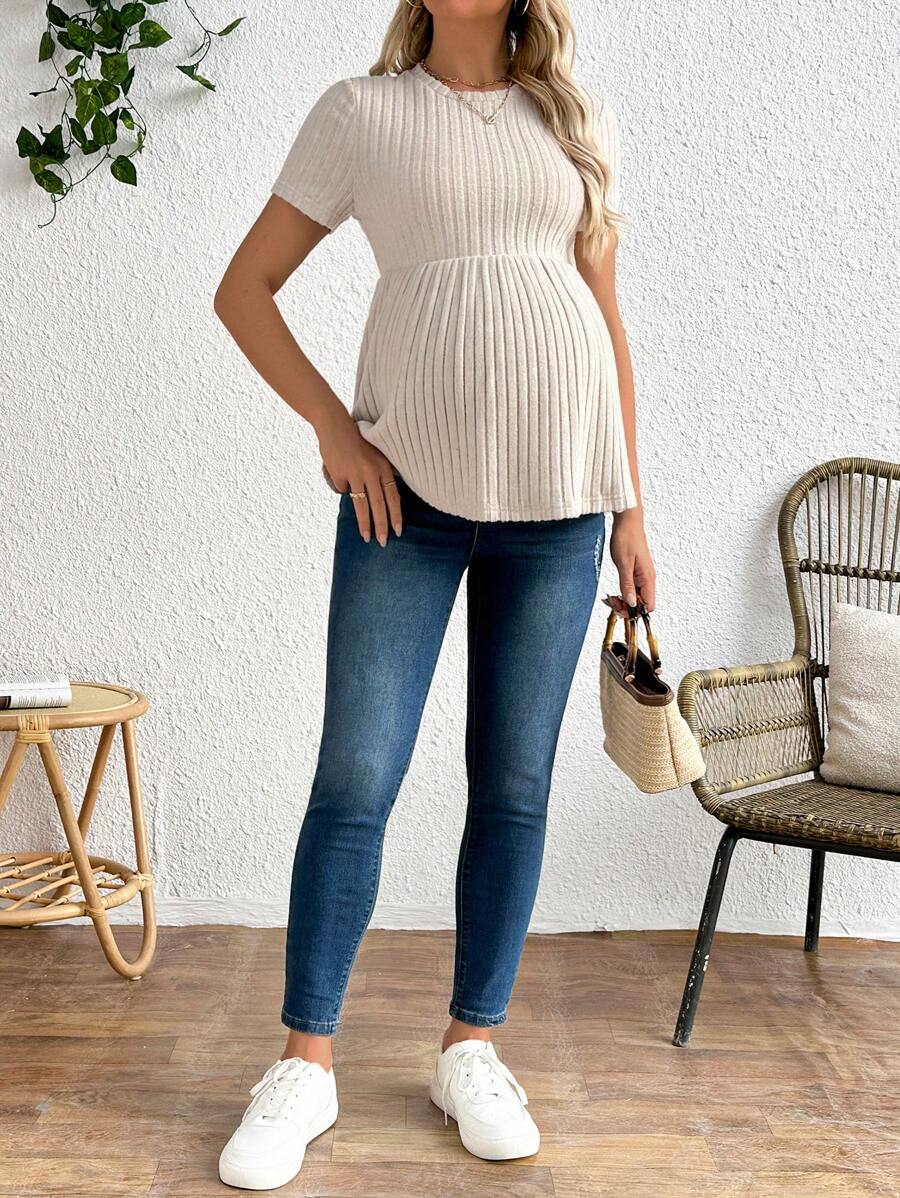 Maternity Apricot Short Sleeve Ruffle Hem Long Tunic Top - Slim Fit Ribbed Knit Casual Round Neck Flared Maternity Shirt