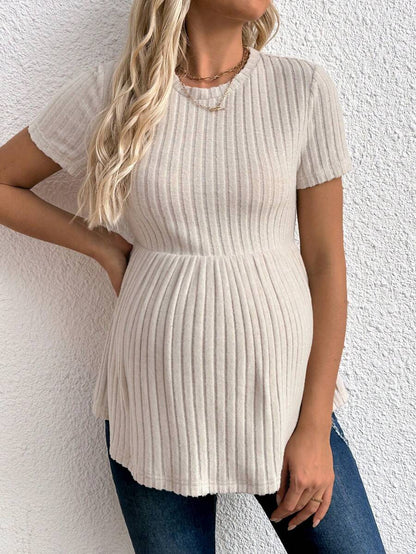 Maternity Apricot Short Sleeve Ruffle Hem Long Tunic Top - Slim Fit Ribbed Knit Casual Round Neck Flared Maternity Shirt