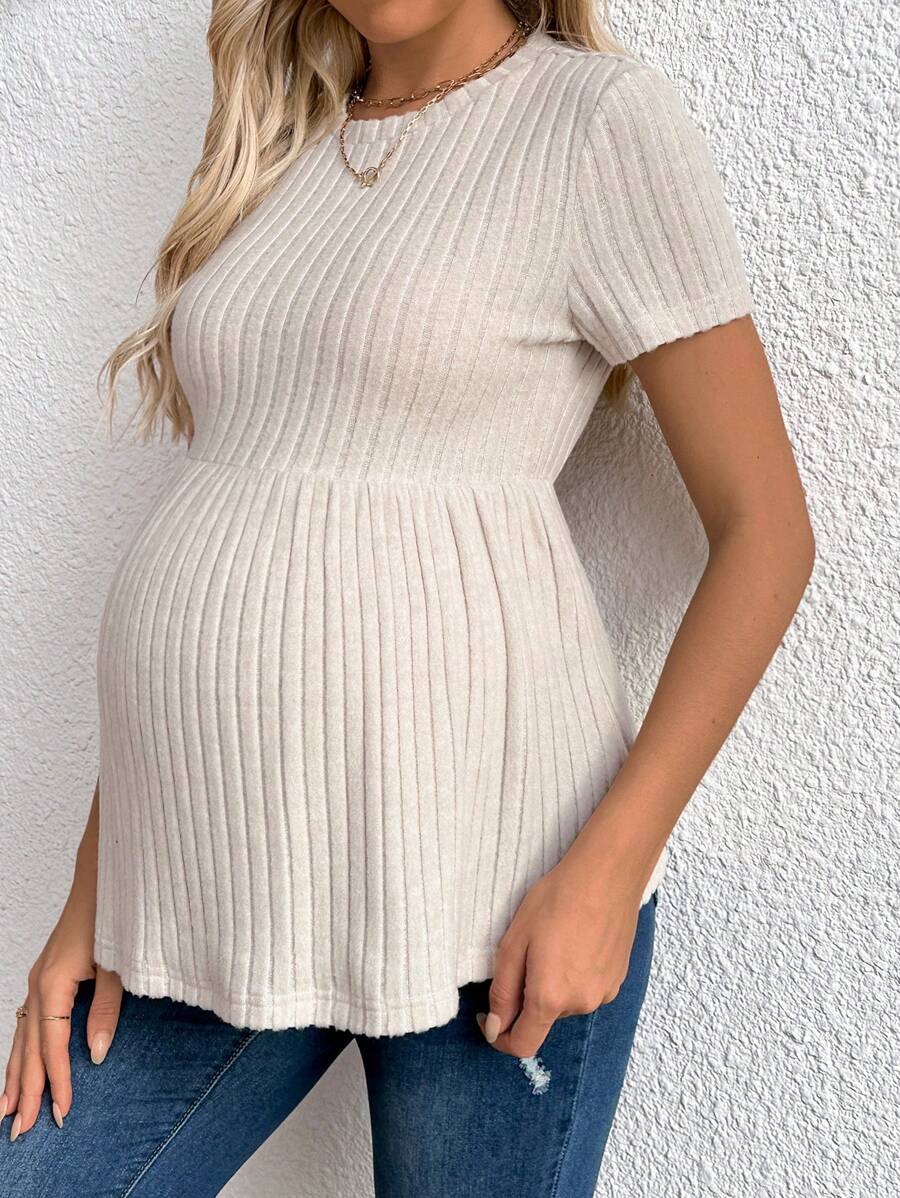 Maternity Apricot Short Sleeve Ruffle Hem Long Tunic Top - Slim Fit Ribbed Knit Casual Round Neck Flared Maternity Shirt
