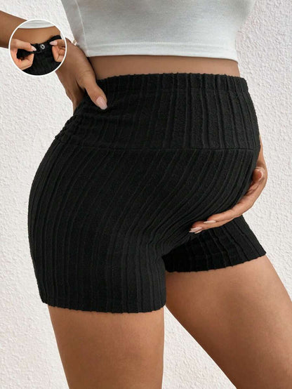 Black Rib-Knit Maternity Shorts - Ultra High Waist Elastic Comfort Pregnancy Shorts for Daily Wear with Button Detail