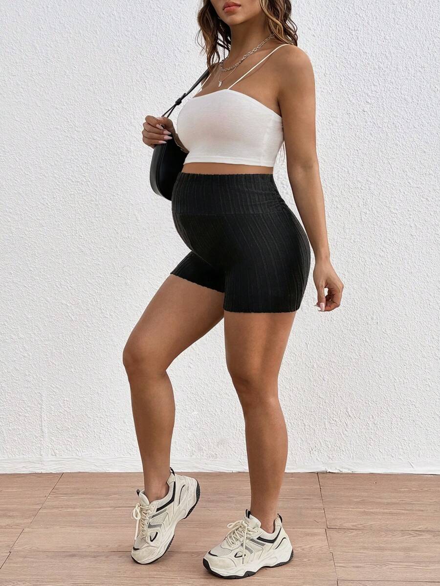 Black Rib-Knit Maternity Shorts - Ultra High Waist Elastic Comfort Pregnancy Shorts for Daily Wear with Button Detail