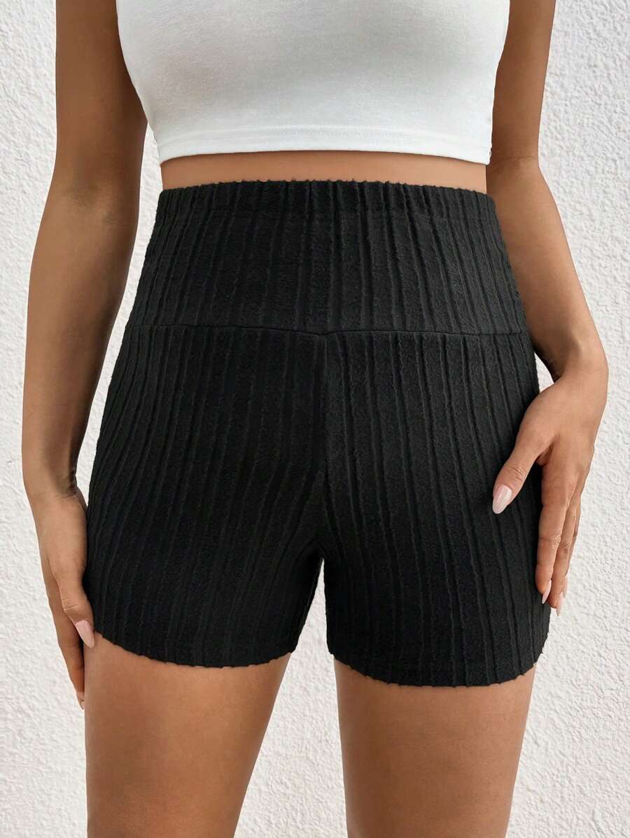 Black Rib-Knit Maternity Shorts - Ultra High Waist Elastic Comfort Pregnancy Shorts for Daily Wear with Button Detail