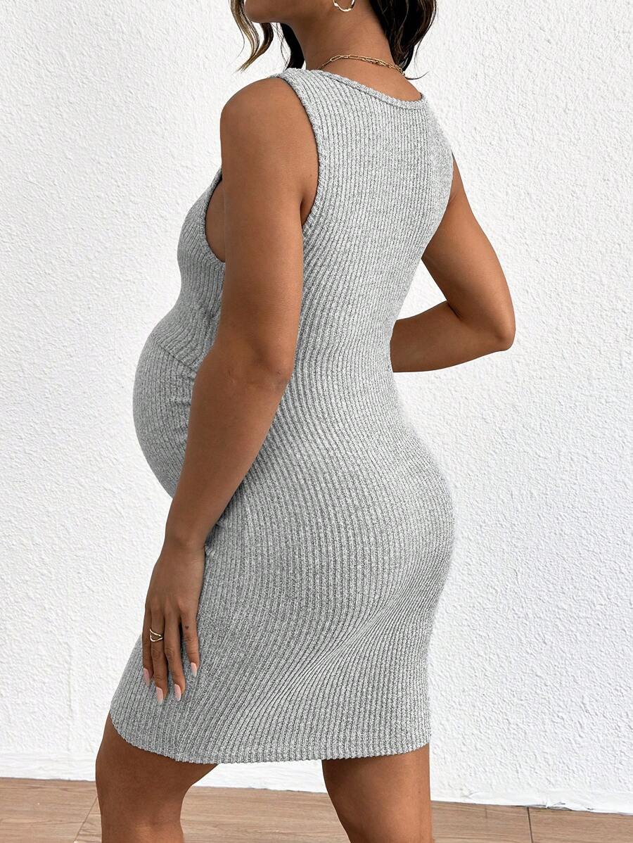 Blue Rib-Knit Maternity Tank Dress - Slim Fit Sleeveless Nursing Tunic Mini Dress - Medium Stretch Casual Summer Pullover Short Dress