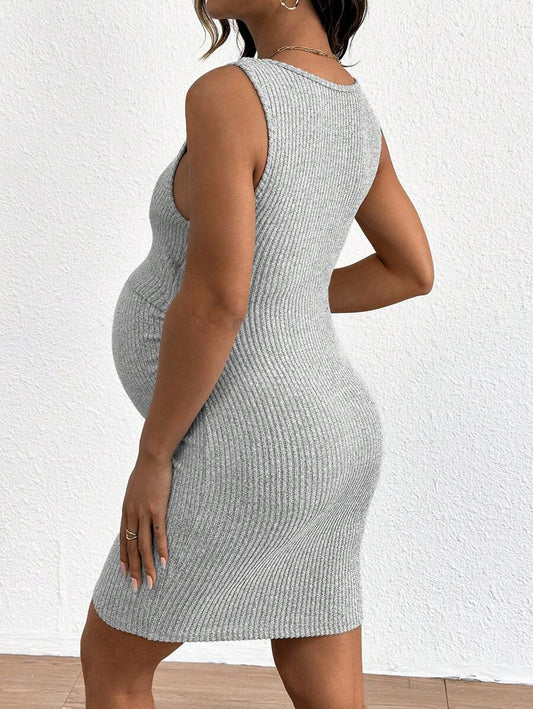 Blue Rib-Knit Maternity Tank Dress - Slim Fit Sleeveless Nursing Tunic Mini Dress - Medium Stretch Casual Summer Pullover Short Dress