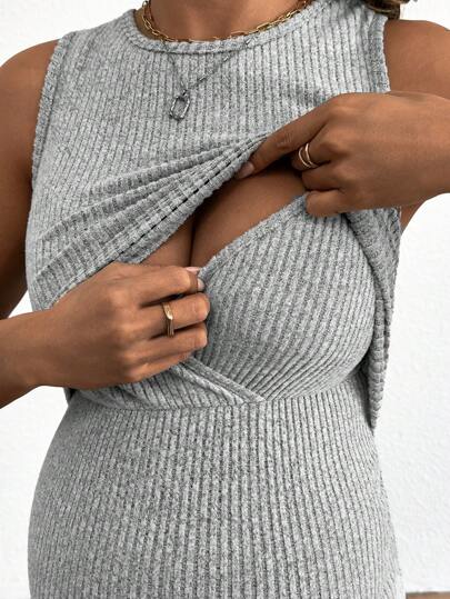 Blue Rib-Knit Maternity Tank Dress - Slim Fit Sleeveless Nursing Tunic Mini Dress - Medium Stretch Casual Summer Pullover Short Dress