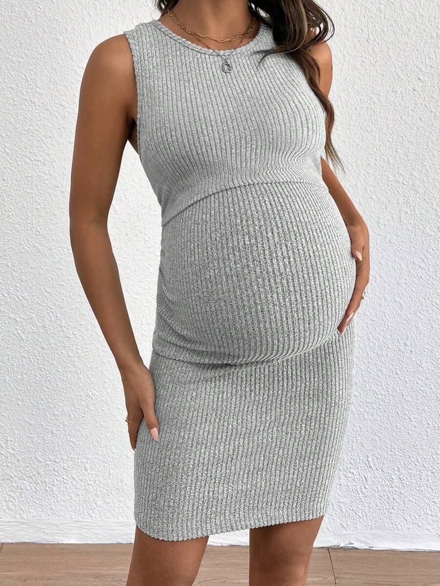 Blue Rib-Knit Maternity Tank Dress - Slim Fit Sleeveless Nursing Tunic Mini Dress - Medium Stretch Casual Summer Pullover Short Dress